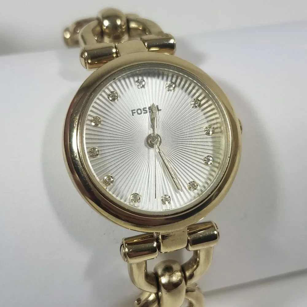 Fossil Olive Women's Watch New Battery Link Working Bracelet ES3349 Gold Tone
